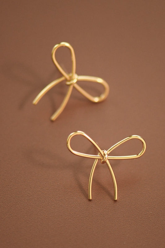 Trendy Gold Bow Knot Stud Earrings, Wire Bow Studs